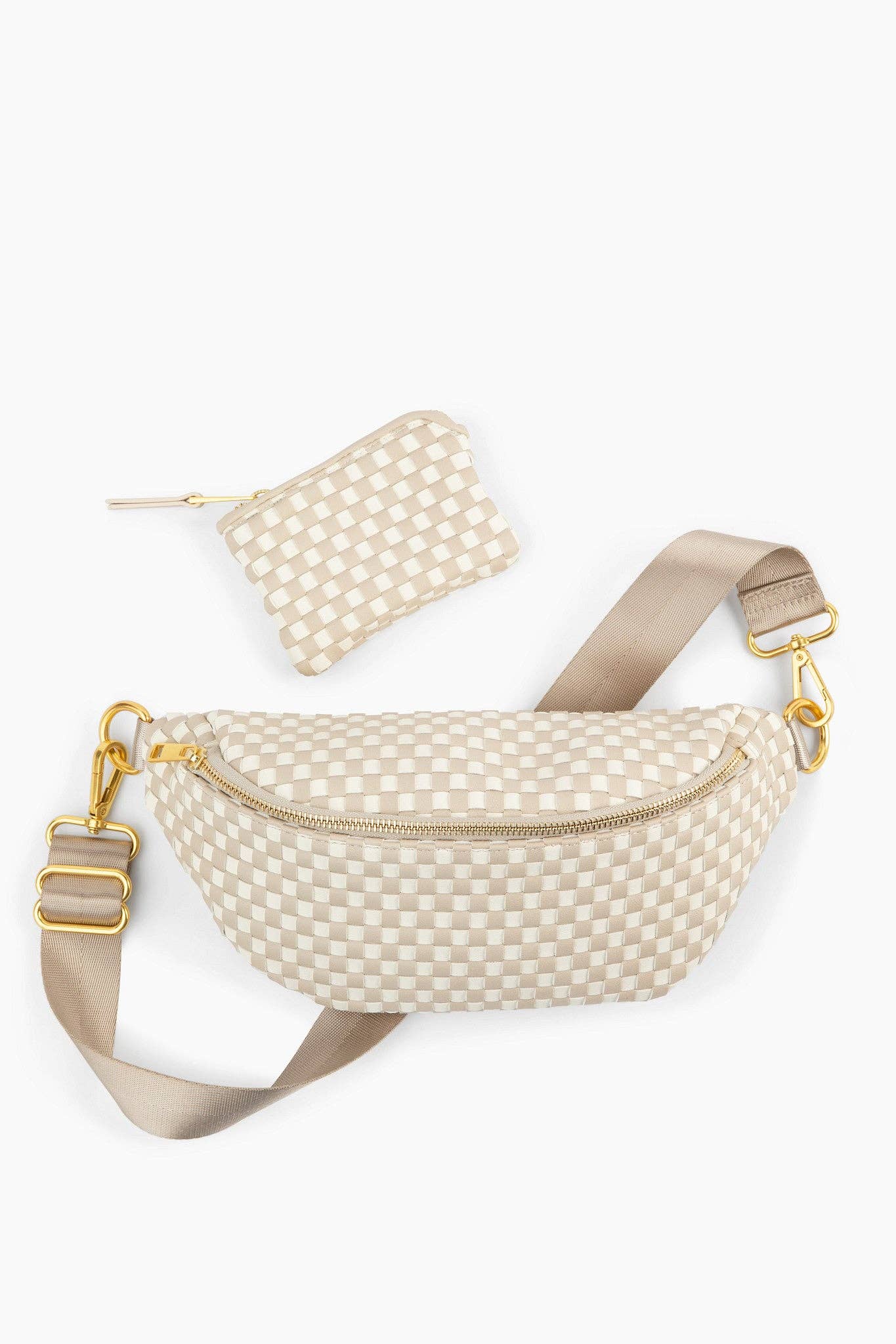 The Woven Wallet - Faux Leather Zipper Checkered Wristlet: Beige