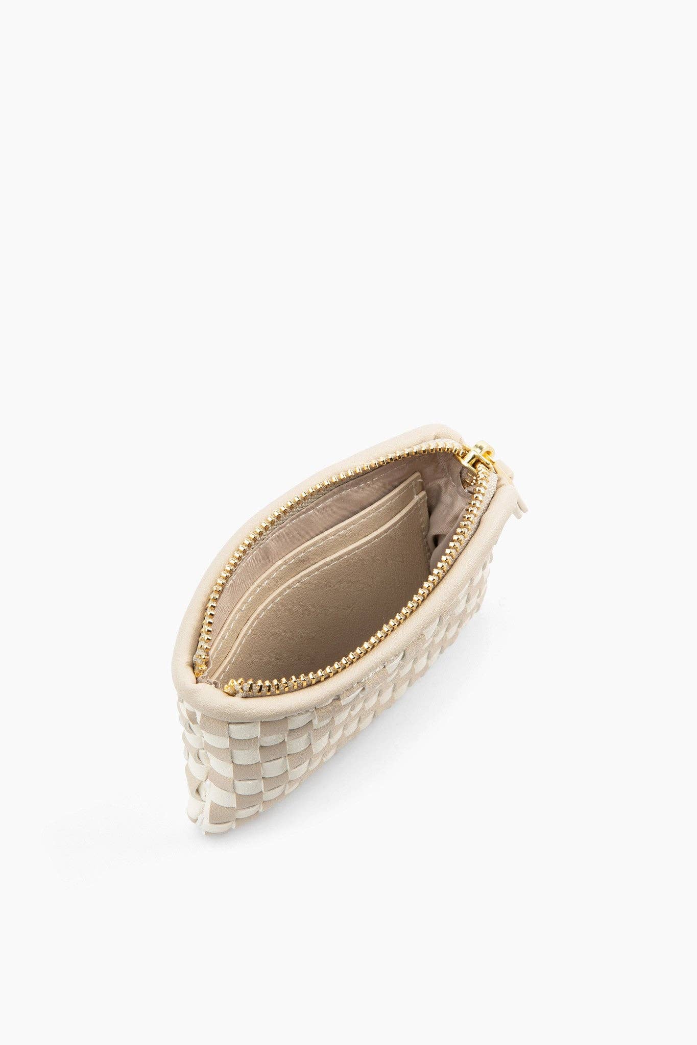 The Woven Wallet - Faux Leather Zipper Checkered Wristlet: Beige