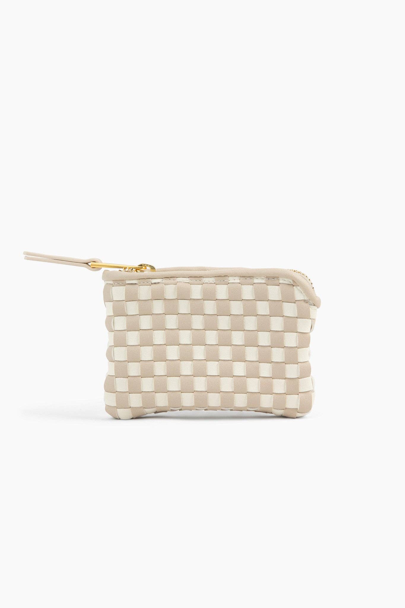 The Woven Wallet - Faux Leather Zipper Checkered Wristlet: Beige