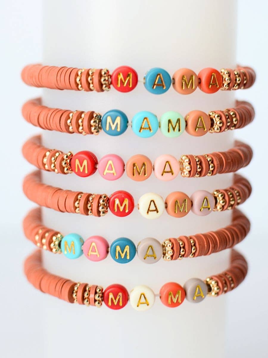Multi-Colored MAMA Word Beaded Stretch Bracelet – Rust Red