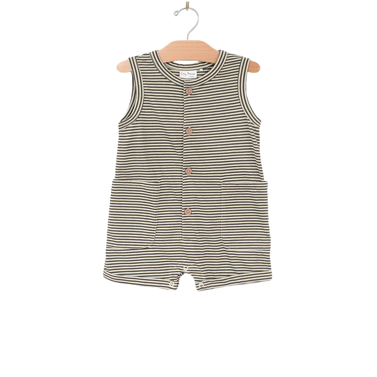 Henley Tank Short Romper- Charcoal Stripe