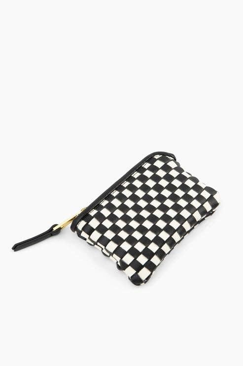 The Woven Wallet - Faux Leather Zipper Checkered Wristlet: Black