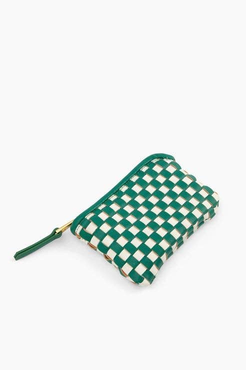 The Woven Wallet - Faux Leather Zipper Checkered Wristlet: Green