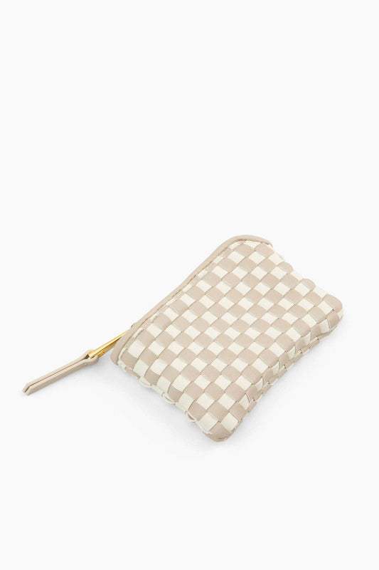 The Woven Wallet - Faux Leather Zipper Checkered Wristlet: Beige